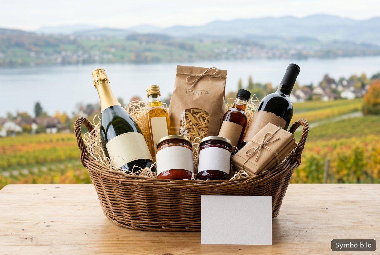 Grosser Weidenkorb mit Schaumwein, Rotwein, Rapsöl, Sirup, Sugo, Konfitüre, Pasta und Schokolade (Symbolbild)