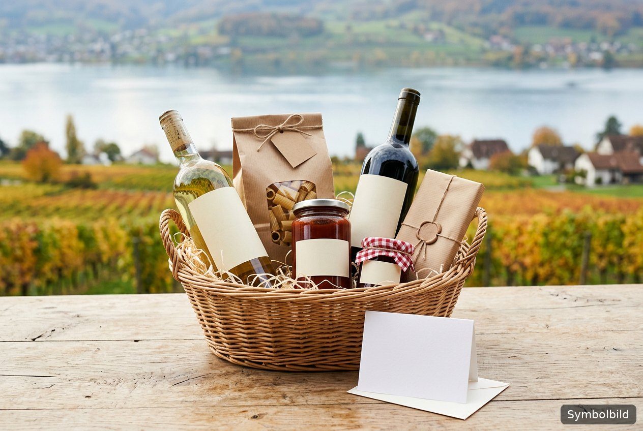 Weidenkorb mit Weiss- und Rotwein, Pasta, Sugo, Konfitüre und Schokolade (Symbolbild)